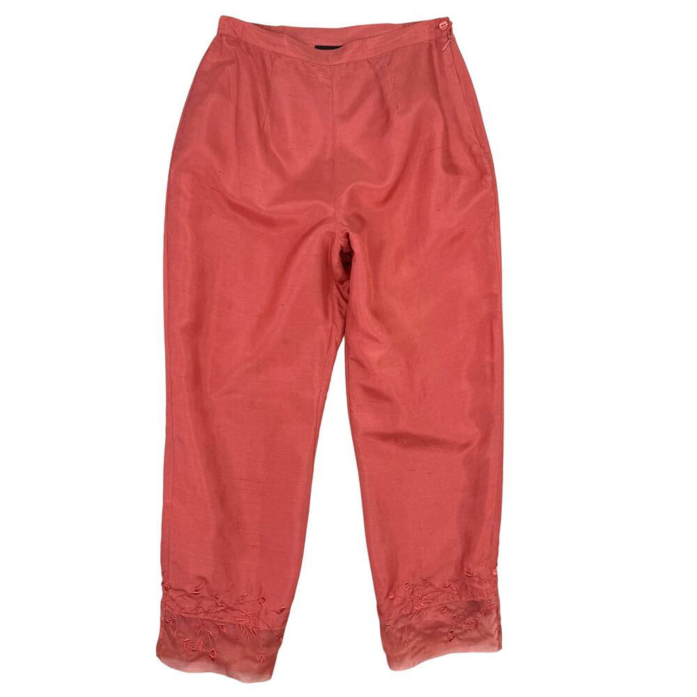Vintage 90s Silkland 100% Silk Shantung Embroidered Crop Pants Coral Pink Sz 4